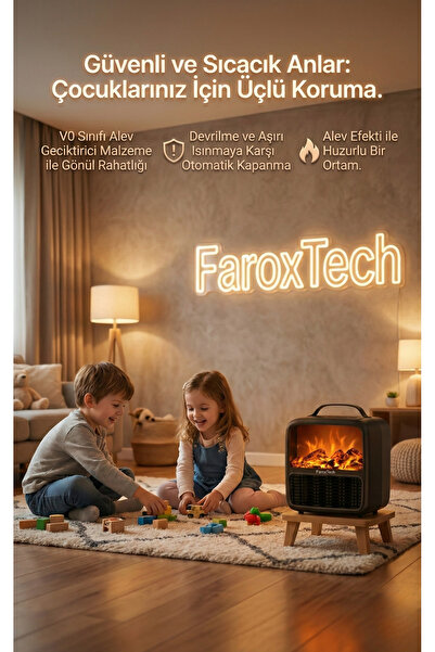 FaroxTech 2000W Şömine Efektli Portatif Isıtıcı - 3 Saniyede Hızlı Isınma, Se...