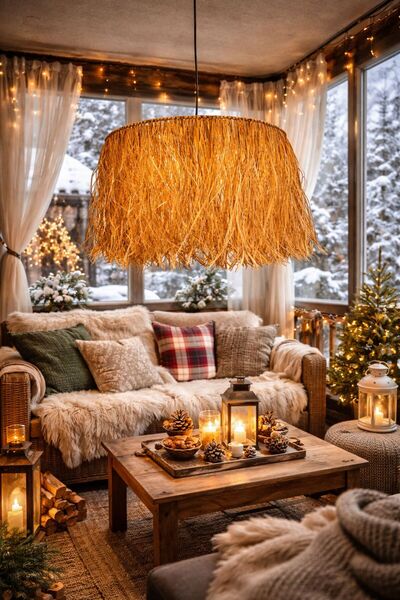 Home Bohem Handmade Doğal Rafya Hasır Avize – El Yapımı Sarkıt Aydınlatma - 4...