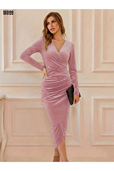 Viyamo Kadın Uzun Kollu Kruvaze Yaka Belden Büzgü Detay Midi Pembe Kadife Elbise