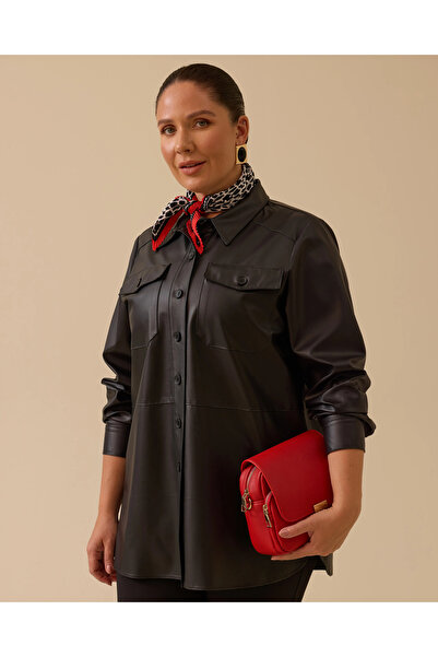 Gala-Xi Büyük Beden Düğmeli Suni Deri Gömlek