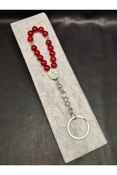 Han Ticarethane Red Ceyd Natural Stone 15-Piece Rosary Keychain