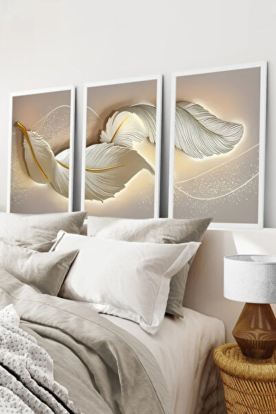 kutuTR Beyaz Çerçeveli 2D UV Baskı 3’lü MDF Tablo Set –Altın Detaylı Tüy Dese...