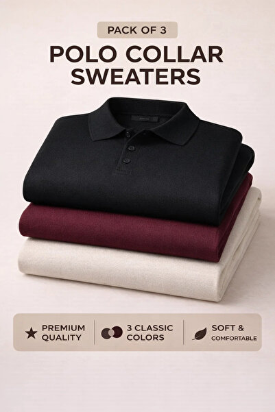 COMBİNE MİCHAİL Pulover tricotat din 3 piese pentru bărbați, cu guler polo, i...
