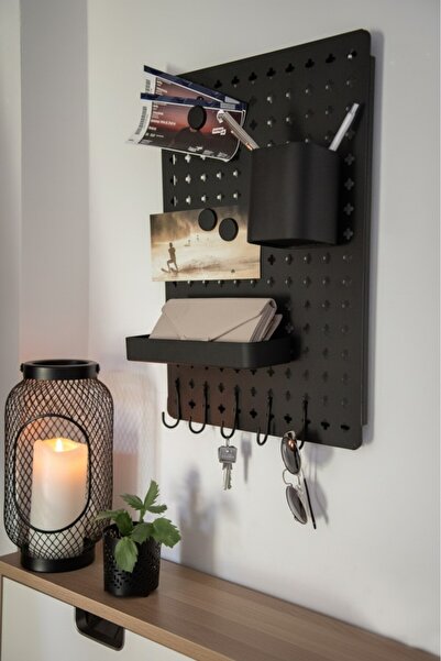 Saban لوحة تنظيم معدنية متعددة الأغراض باللون الأسود، تُثبت على الحائط - منظم مع خطافات وعوارض ومقسمات