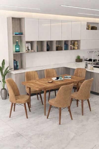 HELMOD 6 Kişilik Açılır Masa Sandalye Takımı Mutfak Masası Takımı Salon Masas...