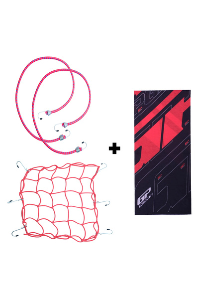 GP KOMPOZİT Kırmızı Kask Filesi + 2 li Bagaj Lastiği + Buff