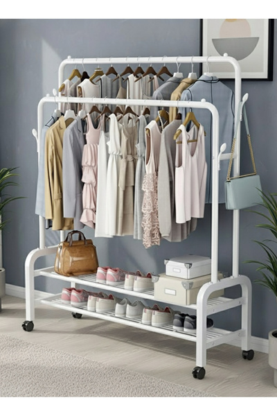 AGD Metal Clothes Organizer and Clothes Rack White with Wheels 110 x 55 x 150 cm