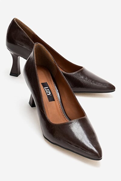 Lizy Shoes Кафяви къси дамски обувки с дебел ток