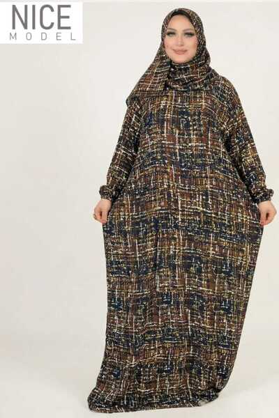 TREN عباية بغطاء بغطاء رأس من قماش التويد البني والأسود، بأكمام طويلة، قصة فضفاضة للصلاة، بمقاسات كبيرة، بتصميم إسلامي محتشم.