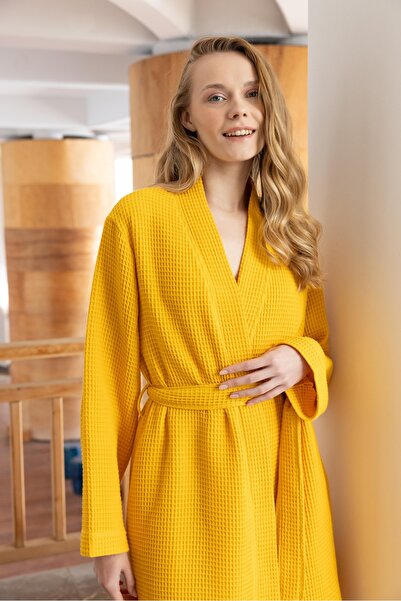 Motif Mağaza Waffle Pike Kadın Bornoz Hardal %100 Pamuk