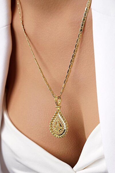 Fiyonk Kuyumculuk 14 Ayar Altın Sarı Modern Tasarım Zincirli Tuğra Uçlu Kolye