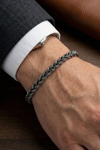 Söğütlü Silver 925 Ayar Gümüş Erkek Bileklik Oksitli Tilki Kuyruğu El İşi Örg...