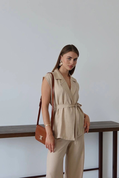 Zerenyus Linen Vest Pants Suit Beige