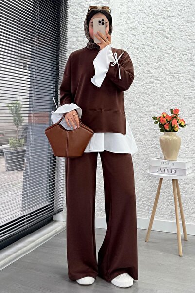 MELEK ARAZ Women's Two-Piece Set with Flywheel Sleeve Shirt Detail - Brown