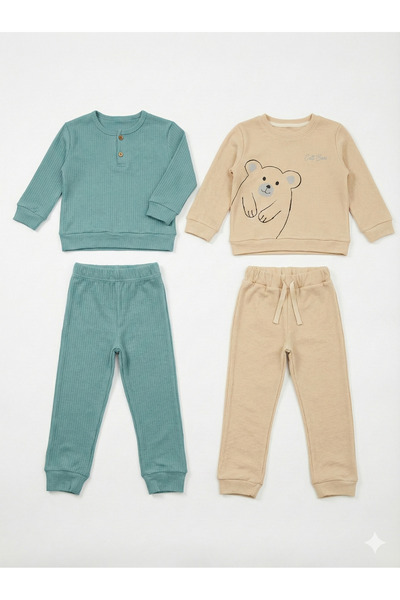 tinytrends Момче Бебе & Дете Мече с принт и копчета 4-частен комплект