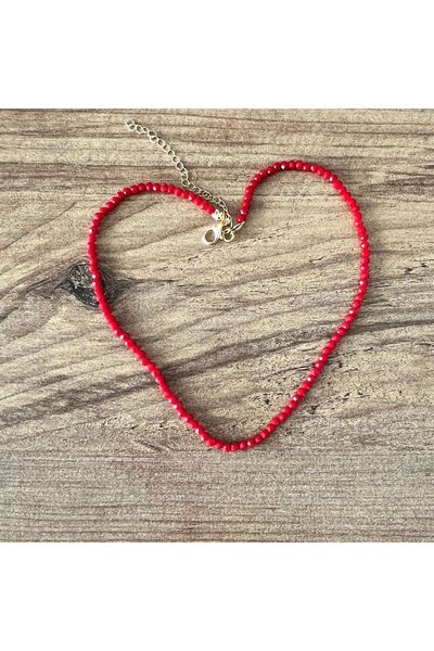 Crystal Coza Kırmızı Minimalist Boncuklu Kolye 43 cm | 2 mm Renkli Boncuk | A...