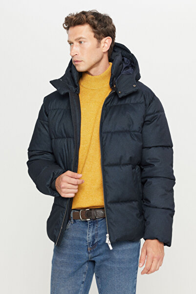 ALTINYILDIZ CLASSICS Men's Navy Blue Standard Fit Regular Cut Hooded Mock Neck Casual Coat with Side Pockets