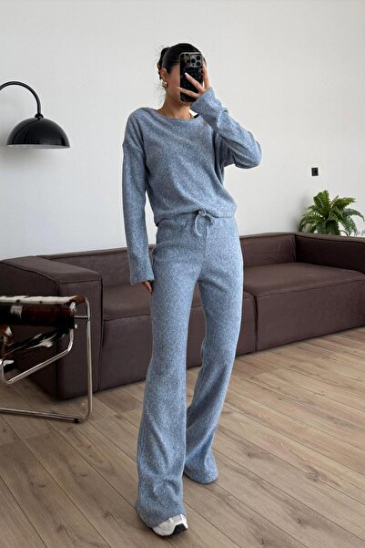 Mine Tan Butik Thessaloniki Knitted Women's Blouse and Pants Set - Blue