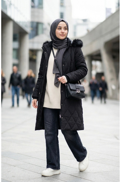 sefamerve Large Size Hooded Crinkle Coat 6225-01 Black