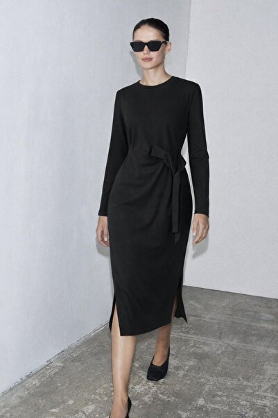 HAKKE Premium Pamuklu Kumaş Yandan Kuşak Bağlamalı Uzun Maxi Bilek Boy ELBİSE