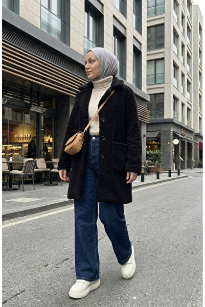 sefamerve Jachetă de pluș cu buzunare cu nasturi 6342-01 Negru