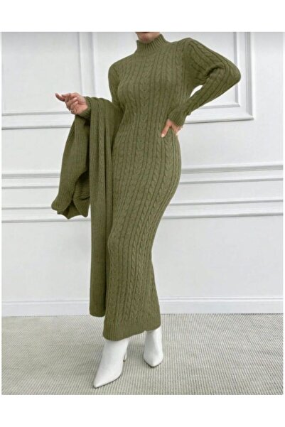 Elfin Women's Stylish 2-Piece Women's Knitwear Set Vintage Hair Braid Patterned Long Cardigan Sweater Dress Set Winter