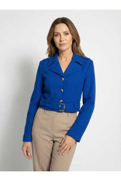 LOVE MAVİ RENK KISA BOY KEMERLİ KAŞE CEKET