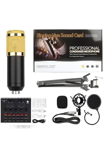 Professional BM-800 condenser microphone bundle with integrated live sound card, dual DSP chip for noise reduction, and scissor arm suspension.