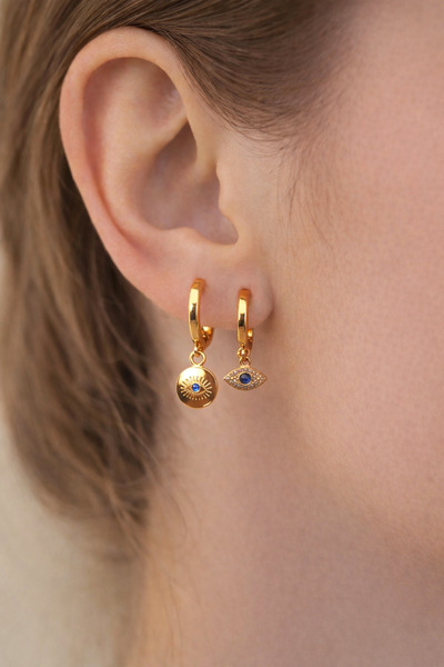 Sacce Scarves&Accessories Navy Blue Stone Evil Eye Asymmetric Mini Hoop Earrings – Zircon Detailed Set of Two