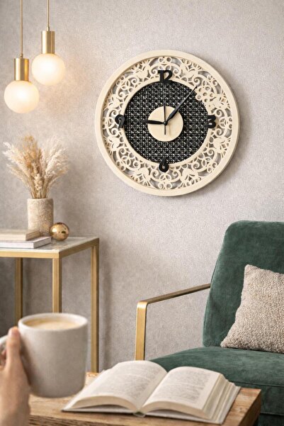 Nera Tasarım Hazeran Desenli Yuvarlak Siyah-Krem Duvar Saati 40x40 cm | Dekor...