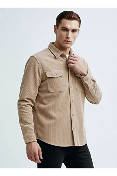Lee L2520353614 Bej Erkek Kadife Çift Cepli Relax Fit Gömlek