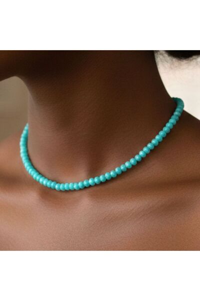 Crystal Coza Mavi Minimalist Boncuklu Kolye 43 cm | 2 mm Renkli Boncuk | Altı...