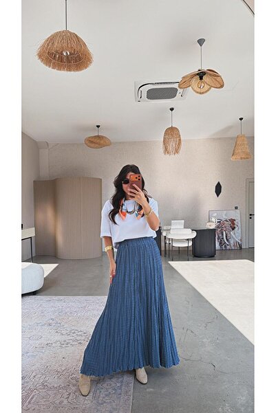 Buket Teke Blue Double Layer Wrinkled Fabric Maxi Skirt