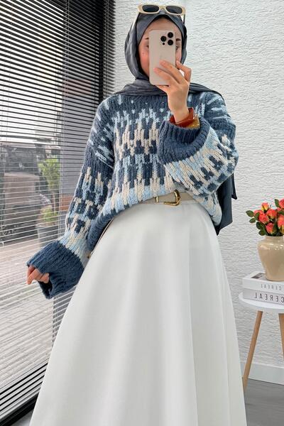 MELEK ARAZ Pinterest Model Balloon Sleeve Short Knit Sweater - Indigo