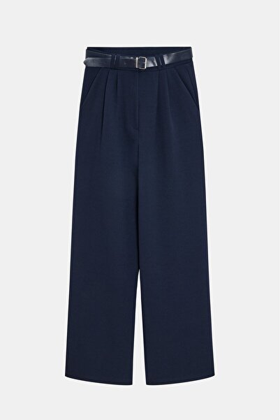 Saade Navy Blue Women's High Waist Stretch Fabric Palazzo Pants - Belted
