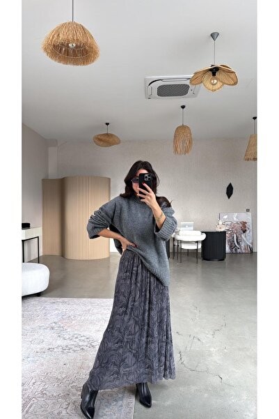 Buket Teke Anthracite Patterned Thin Pleated Full Length Lined Tulle Skirt