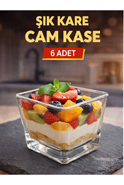 Paşabahçe 6 lı Cup Magnolia Cam Kare Kase | Puding Tatlı Sunum Kasesi | Dondurma Kasesi