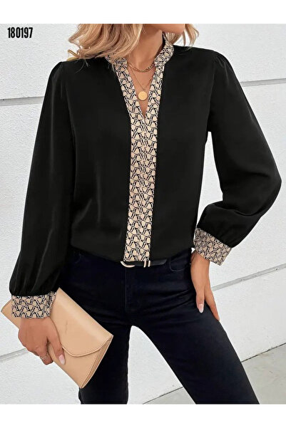 Modayakamoz New Season Women's V Neckline Long Sleeve Patterned Crepe Blouse