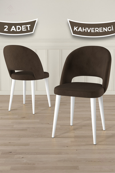 Canisa Pane Serisi 2 Adet Kahverengi Mutfak Sandalyesi Babyface Kumaş Beyaz Ayak