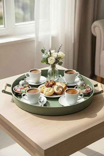 EVSTYLE Metal Tray with Wooden Handle 38 cm Diameter - Green