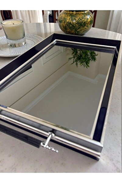 Mia Premium Gümüş Siyah Lake Çerçeve Silver Ton Uyumlu Ayna Zemin Büyük Boy Modern Çay Kahve Tepsi