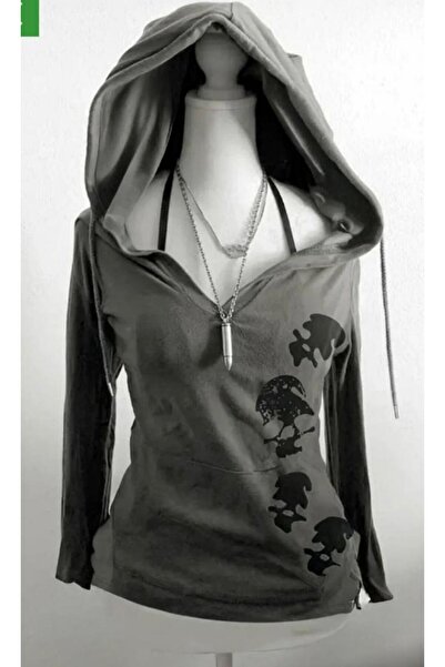 İsra Ayyıldız Moonstar Collection Füme Grunge Skull Gotik Kapüşonlu Uzun Koll...
