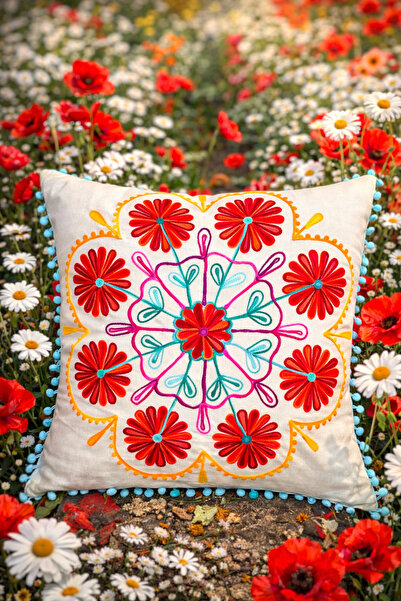 Miss Boheme Beyaz Renk Yaz Bahçesi Mandala Nakışlı Ponponlu Bohem Yastık Kılı...