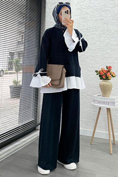 MELEK ARAZ Women's Two-Piece Set with Flywheel Sleeve Shirt Detail - Navy Blue