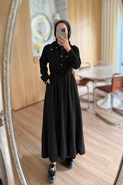 Ka Hijab Waist Gathered Long Modal Dress - Black