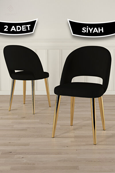 Canisa Pane Serisi 2 Adet Siyah Mutfak Sandalyesi Babyface Kumaş Gold Kaplama...