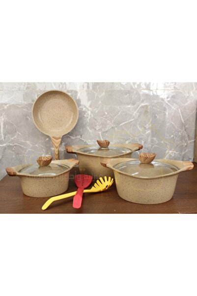 Procila Luxury beige granite cookware set, 9 pieces, glass lid