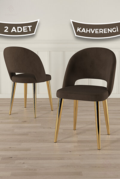Canisa Pane Serisi 2 Adet Kahverengi Mutfak Sandalyesi Babyface Kumaş Gold Ka...
