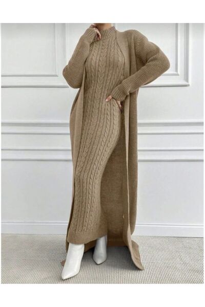 Elfin Women's Stylish 2-Piece Women's Knitwear Set Vintage Hair Braid Patterned Long Cardigan Sweater Dress Set Winter