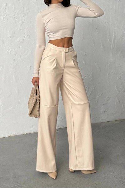 Mine Tan Butik Double Buttoned Leather Trousers - Beige